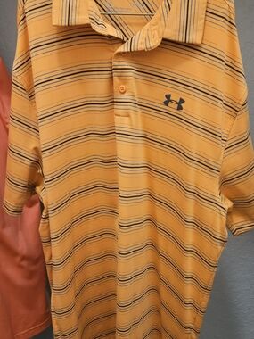 Under Armour Men’s Orange Polo with Blue Stripe Accents